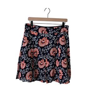 Talbots Petites 100% Cotton Navy Blue & Orange Floral Pleated Midi Skirt, NWT